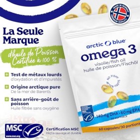 Arctic Blue Oméga-3 Poisson Sauvage 60 Capsules — 1 400 mg Huile de Poisson 280 mg de DHA + 115 mg d’EPA — Forme Triglycéri