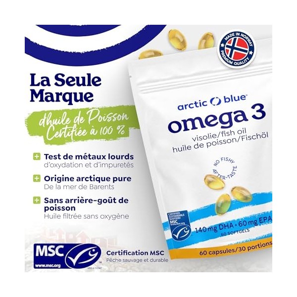 Arctic Blue Oméga-3 Poisson Sauvage 60 Capsules — 1 400 mg Huile de Poisson 280 mg de DHA + 115 mg d’EPA — Forme Triglycéri