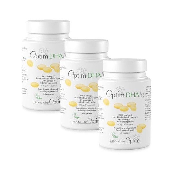 OPTIM DHAlg Pack 3 x 60 Gélules Oméga 3 DHA Vegan 250 mg | Huile de microalgues Schizochytrium | Sans poisson | Vegan Society...