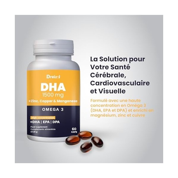 Brudy Lab Dreizol Omega 3 DHA 1500 avec EPA et DPA + Manganèse, Zinc et Cuivre - Haute Concentration - Renforce les Tissus Oc...
