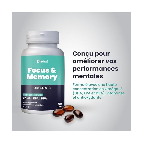 Dreizol by Brudy Lab Focus & Memory – Nootropique Concentré - Oméga 3 riche en DHA, EPA et DPA - Vitamine A, lutéine et zéaxa