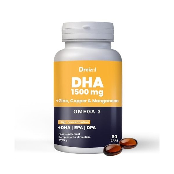 Brudy Lab Dreizol Omega 3 DHA 1500 avec EPA et DPA + Manganèse, Zinc et Cuivre - Haute Concentration - Renforce les Tissus Oc...