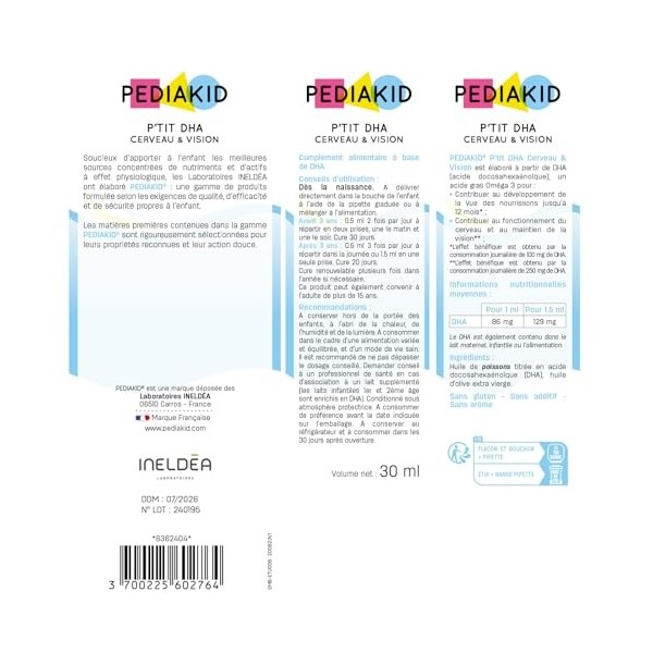 PEDIAKID - PTIT DHA Cerveau & Vision - Favorise le développement des fonctions cognitives et de la vision - Riche en DHA do DHA