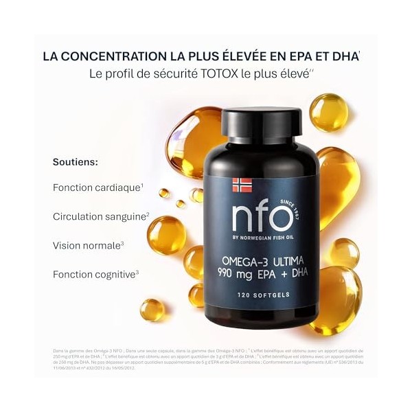 NFO OMEGA 3 ULTIMA [120 Gélules] Huile de poisson Omega 3 norvégienne à concentration maximale en Omega 3 DHA EPA en triglycé