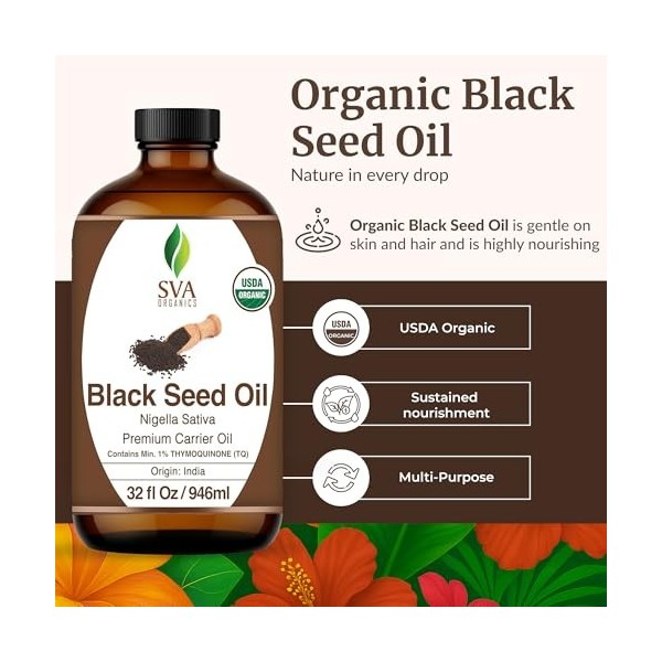 SVA Organics Huile de graines de cumin noir certifiée USDA 32 oz 100% biologique, pure et naturelle, sans hexane, non OGM, hu