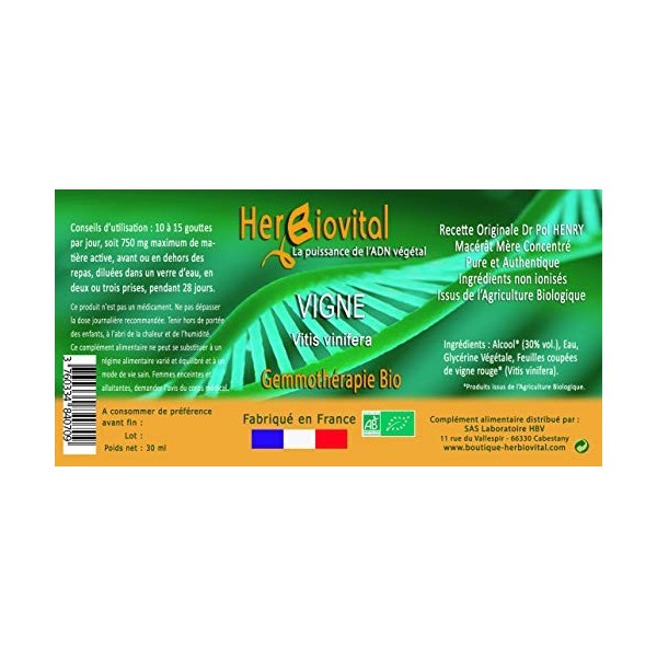 Herbiovital - Vigne Bio - Le Macérât des Articulations - Gemmothérapie Concentrée - 30 ml - Combat les Troubles de lAppareil