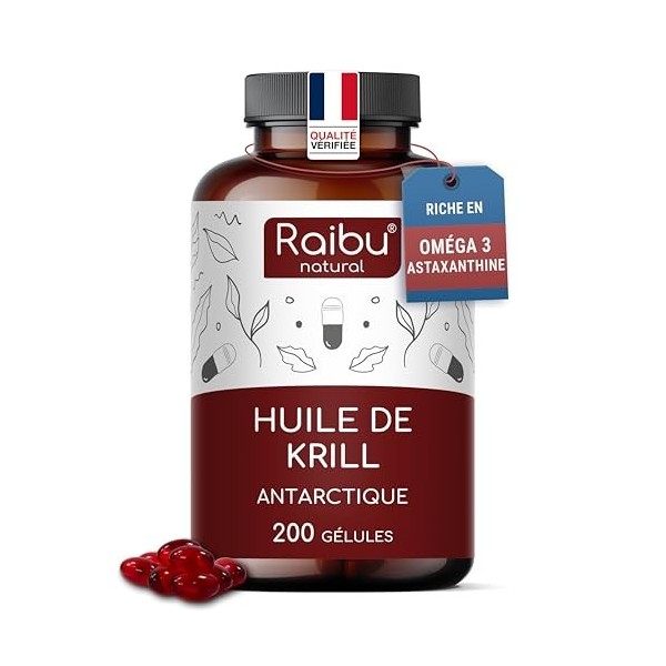 Huile de Krill d’Antarctique 200 Gélules - Riche en Astaxanthine, acides gras Oméga 3 EPA & DHA , 6 & 9 et Phospholipides - 