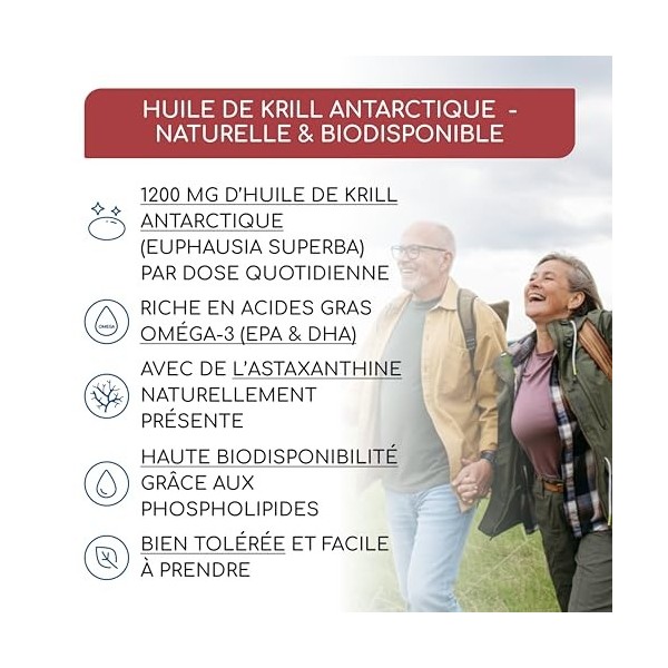 Huile de Krill d’Antarctique 200 Gélules - Riche en Astaxanthine, acides gras Oméga 3 EPA & DHA , 6 & 9 et Phospholipides - 