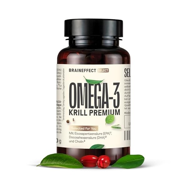 BRAINEFFECT Capsules Premium Oméga 3 à l’huile de krill | 100% huile de krill non diluée | Astaxanthine EPA DHA Choline | S