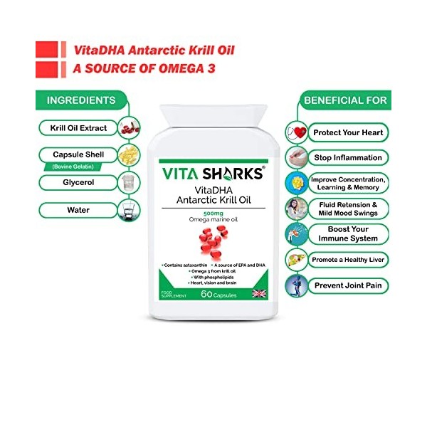 VitaDHA Antarctic Krill Oil - Potent Source of EPA & DHA to Support Brain Function, Heart Health, Blood, Hair, Skin, Joints &