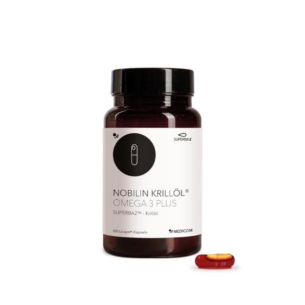 Medicom Nobilin Huile de Krill Omega 3 Plus, Acides gras oméga-3 de haute qualité, EPA & DHA, Astaxanthine, 500 mg Huile de K