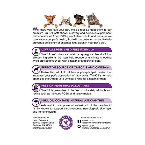 Hanzi Pets 1 Huile de krill de lAntarctique à mâcher douce pour chiens, riche en oméga 3, astaxanthine, vitamine E, peau et