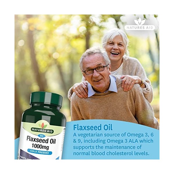 Natures Aid Capsules dHuile de Lin 1000mg - Oméga 3-6-9 Haute Puissance Pressées à Froid pour la Santé Cardiaque, le Cholest ...