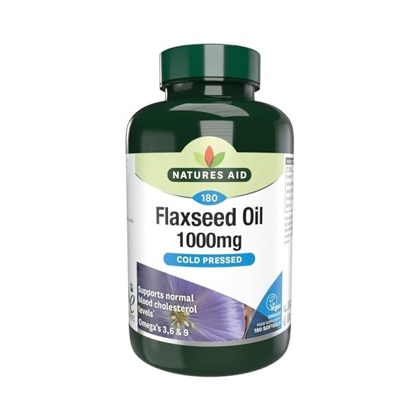 Natures Aid Capsules dHuile de Lin 1000mg - Oméga 3-6-9 Haute Puissance Pressées à Froid pour la Santé Cardiaque, le Cholest ...