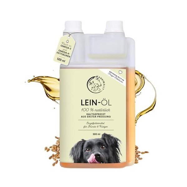 Huile de Lin pour Chiens 500 ML - Huile Chien de graines de Lin pressée à Froid, Riche en acides Gras Omega 3 pour Chien & 6 