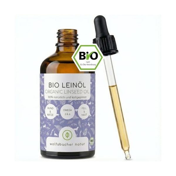 Wolfsbacher Huile de Lin Bio 500ml pour Chiens et Chats, Pressée à Froid DE-ÖKO-060 Oméga
