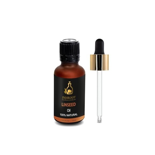 INDIROOT Huile de lin, 100 % naturelle, flacon en verre ambré avec compte-gouttes, 15 ml 15 ml, graines de lin 