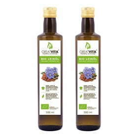 Huile de lin biologique MeaVita, 100% pure et pressée à froid, paquet de 2 2x 500ml en bouteille de verre