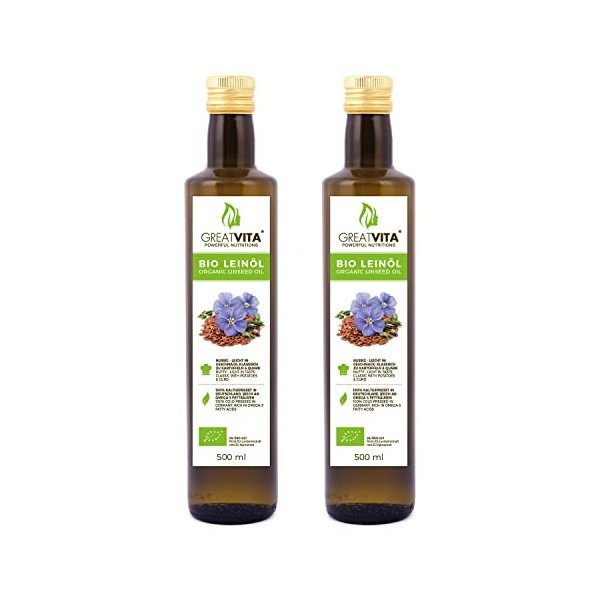 Huile de lin biologique MeaVita, 100% pure et pressée à froid, paquet de 2 2x 500ml en bouteille de verre