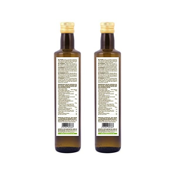 Huile de lin biologique MeaVita, 100% pure et pressée à froid, paquet de 2 2x 500ml en bouteille de verre