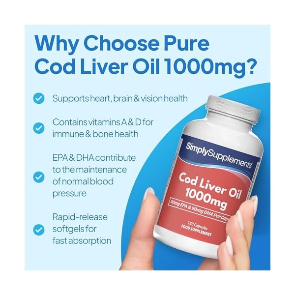 Huile de Foie de Morue 1000mg - 180 Gélules - 2 mois de bienfaits - SimplySupplements.