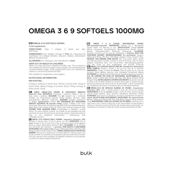 Bulk Gélules Oméga 3 6 9, huile de poisson, huile de lin, huile de tournesol, 1000 mg, paquet de 90, lemballage peut varier