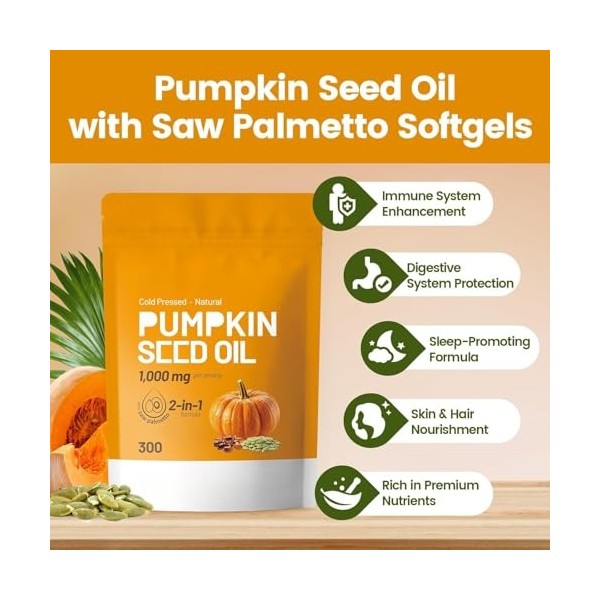 Huile de graines de citrouille - Palmier nain - 1000 mg dhuile de graines de citrouille, sans gluten, sans OGM,1pcs Huiles de...