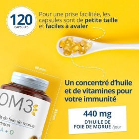 OM3 - Huile de Foie de Morue, Vitamine A et D -Défenses immunitaires - Vision -Ossature normale - Maxi format -120 capsules ...