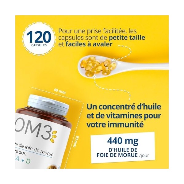 OM3 - Huile de Foie de Morue, Vitamine A et D -Défenses immunitaires - Vision -Ossature normale - Maxi format -120 capsules ...