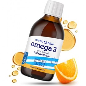 Arctic Blue Oméga-3 Huile de Poisson Liquide 150 ml — 450 mg de DHA + 380 mg d’EPA + 10 µg de Vitamine D3 par 5 ml — Huile de