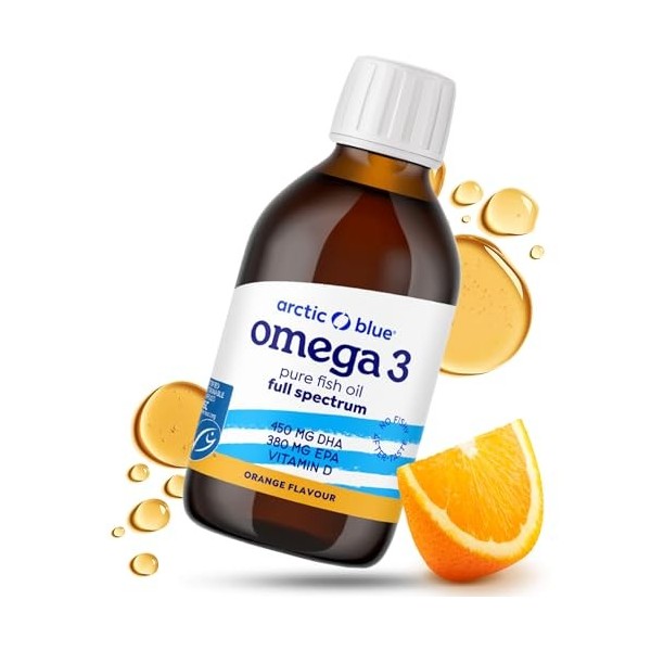 Arctic Blue Oméga-3 Huile de Poisson Liquide 150 ml — 450 mg de DHA + 380 mg d’EPA + 10 µg de Vitamine D3 par 5 ml — Huile de