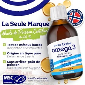 Arctic Blue Oméga-3 Huile de Poisson Liquide 150 ml — 450 mg de DHA + 380 mg d’EPA + 10 µg de Vitamine D3 par 5 ml — Huile de