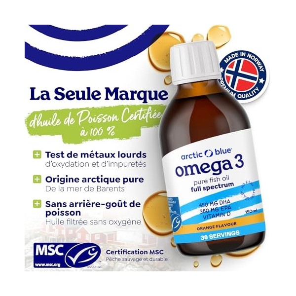 Arctic Blue Oméga-3 Huile de Poisson Liquide 150 ml — 450 mg de DHA + 380 mg d’EPA + 10 µg de Vitamine D3 par 5 ml — Huile de