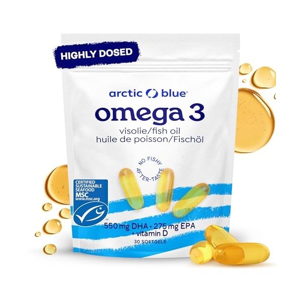 Arctic Blue Oméga-3 Huile de Poisson 60 Capsules — 550mg de DHA + 275mg d’EPA + 10µg de Vitamine D3 par Capsule — Huile de Co