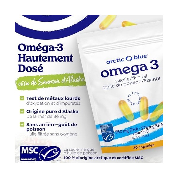 Arctic Blue Oméga-3 Huile de Poisson 60 Capsules — 550mg de DHA + 275mg d’EPA + 10µg de Vitamine D3 par Capsule — Huile de Co