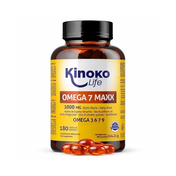 OMEGA 7 MAXX 180 Gélules Cure 3 Mois Huile d’Argousier 1000 mg Dose Journalière 500 mg/Gélule Oméga 3 6 7 9 + Vitamine E 