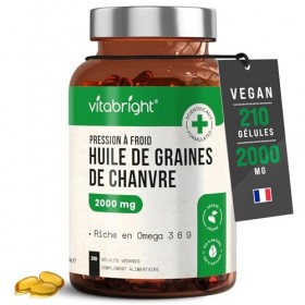 Huile de Chanvre en Gélules | 210 gélules - 2-3 Mois | 100% Pur Grains de Chanvre Pressé à Froid | Riche en Oméga 3, 6 et 9 |