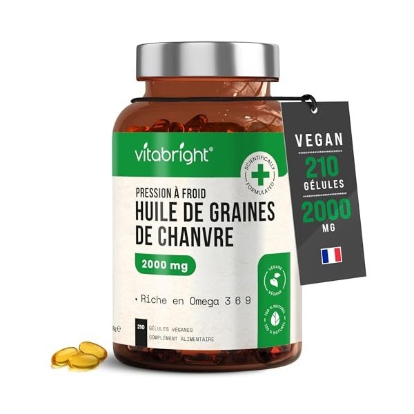 Huile de Chanvre en Gélules | 210 gélules - 2-3 Mois | 100% Pur Grains de Chanvre Pressé à Froid | Riche en Oméga 3, 6 et 9 |