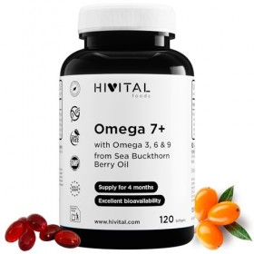 Oméga 7 Argousier 500 mg. 120 capsules pour 4 mois de traitement. Avec 150 mg dOméga 7 + Oméga 3, 6 et 9 de lHuile dHippop