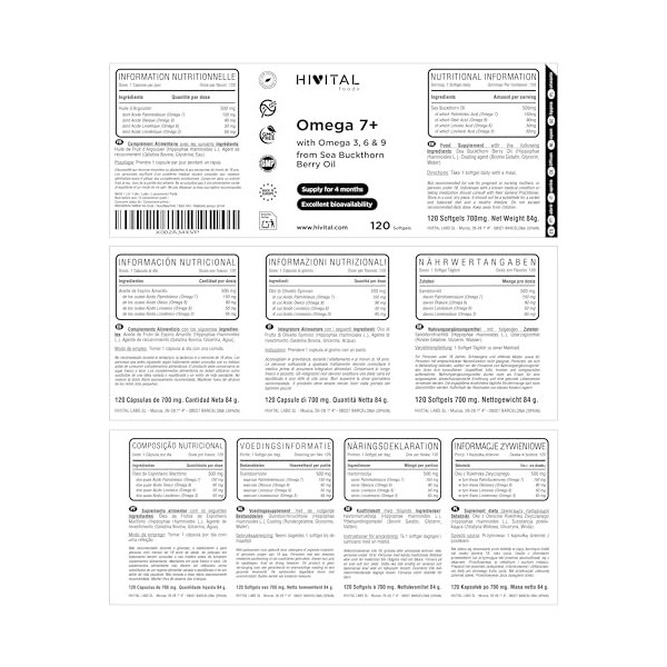 Oméga 7 Argousier 500 mg. 120 capsules pour 4 mois de traitement. Avec 150 mg dOméga 7 + Oméga 3, 6 et 9 de lHuile dHippop