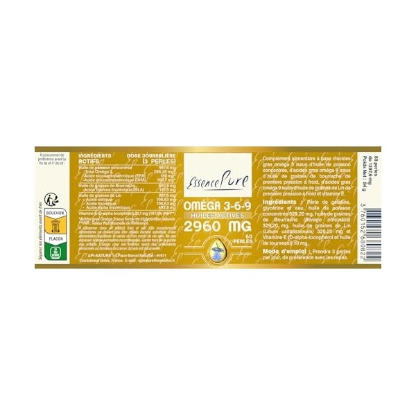Oméga 3 6 9 Essence Pure | Huile de Poisson, Bourrache & Lin | Acides Gras Essentiels | Contrôles de Sécurité et Pureté Stric