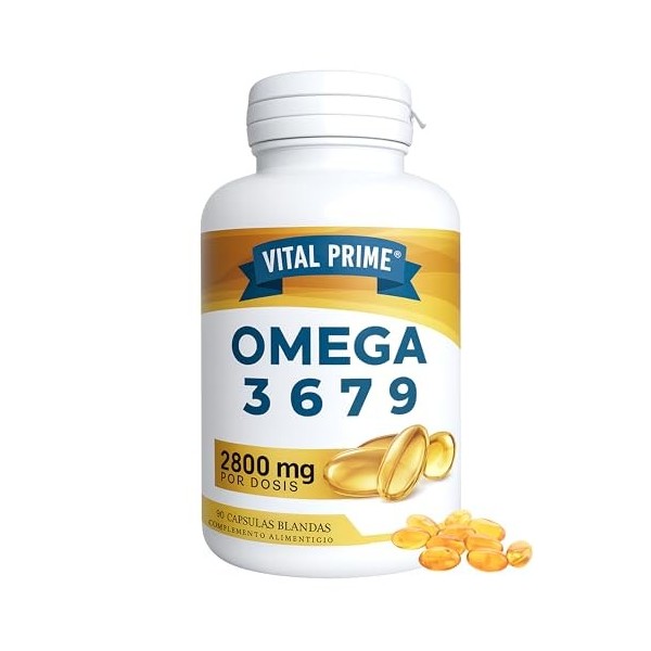 VITAL PRIME Oméga 3 6 7 9 2800MG | 90 Capsules Enrichies en Huiles de Lin, Onagre, Olive, Germe de Blé et Noix de Macadamia |