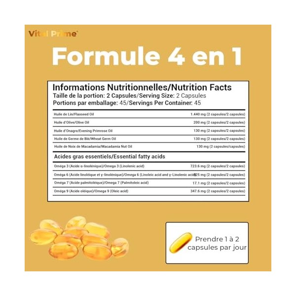 VITAL PRIME Oméga 3 6 7 9 2800MG | 90 Capsules Enrichies en Huiles de Lin, Onagre, Olive, Germe de Blé et Noix de Macadamia |
