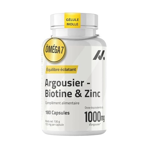 Argousier avec Biotine Ultra 5 000 µg et Zinc – 180 Capsules Molles | Haute Concentration : 1000 mg d’Huile d’Argousier ave