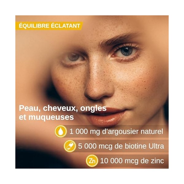 Argousier avec Biotine Ultra 5 000 µg et Zinc – 180 Capsules Molles | Haute Concentration : 1000 mg d’Huile d’Argousier ave