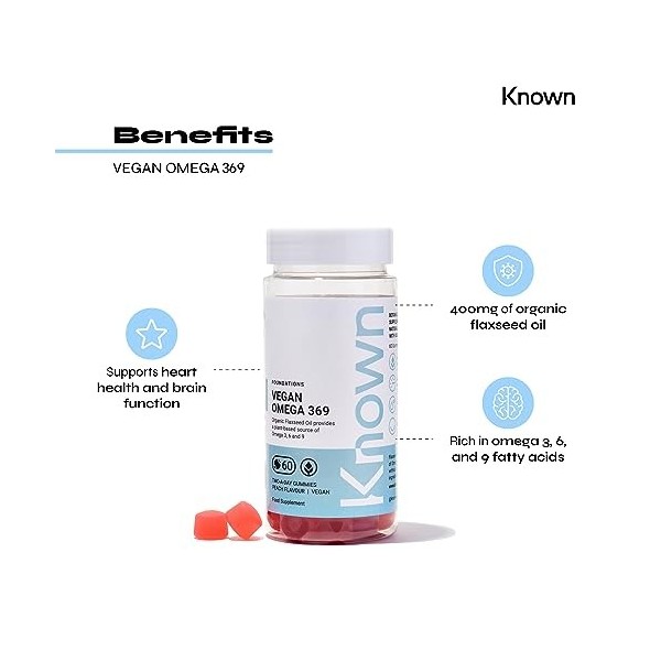 Known Vegan Omega 3-6-9 Gummies – Saveur Pêche – 400mg Huile de Lin Biologique – Complément Gommes Végan à Mâcher – Alternati