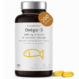 Oméga 3 2000 mg – Huile de Poisson | 200 Capsules Omega 3 | 360 mg EPA & 240 mg DHA + Vitamine E | Qualité Testée | Cœur & Bi