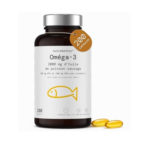 Oméga 3 2000 mg – Huile de Poisson | 200 Capsules Omega 3 | 360 mg EPA & 240 mg DHA + Vitamine E | Qualité Testée | Cœur & Bi