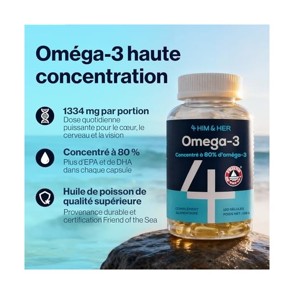Oméga 3 DHA EPA 1334mg – Huile de Poisson Haute Concentration 80% – 120 Gélules – Cœur, Cerveau, Vision – Certifié Friend o