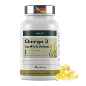 EXVital® Oméga 3 à base dhuile dalgues, végétalien, 120 gélules, 2000 mg, 600 mg de DHA et 300 mg dEPA par jour, issu dal